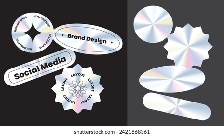 Holographic sticker. Hologram labels with various shapes. Sticker shape for design mockup. Holographic textured sticker. Vector illustration