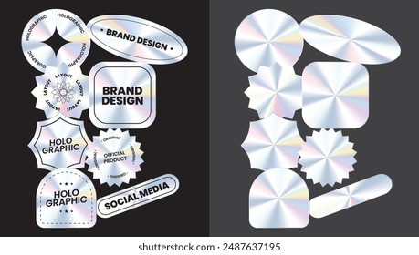 Holographic sticker. Hologram labels with various shapes. Sticker shape for design mockup. Holographic textured sticker. Vector illustration