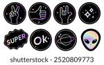 Holographic sticker icons template and label with holographic effect hand gestures like, two thumbs up, rock n roll sign, super, ok, alien. Shiny Hologram rainbow emblems in retro style y2k .Vector