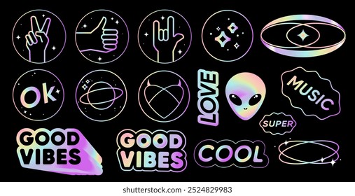 Holographic sticker labels signs icons Y2K Retro style with hologram effect set.Vector