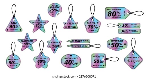 Holographic sticker. Holographic labels with various shapes. Sticker shapes for design mockups. Holographic textured stickers for preview tags, labels, price tags, coupons and discount labels