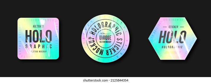 Holographic sticker mockup. Collection of paper holographic stickers and labels. Hologram stickers and patches with plastic texture. Vector