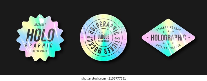 Holographic sticker mockup. Collection of paper holographic stickers and labels. Hologram stickers and patches with plastic texture. Vector