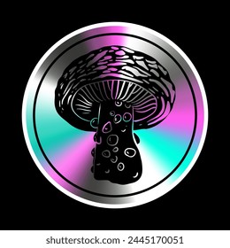 Holographic sticker with  mushroom in a trendy retro style. Vector Graphic with textured foil effect. 