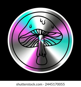 Holographic sticker with  mushroom in a trendy retro style. Vector Graphic with textured foil effect. 