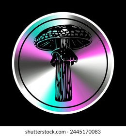 Holographic sticker with  mushroom in a trendy retro style. Vector Graphic with textured foil effect. 