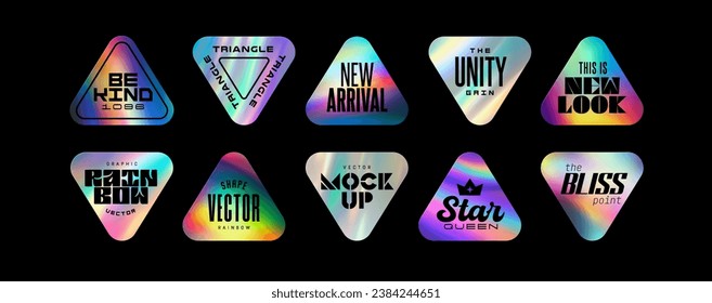 Holographic sticker set. Holography labels mockup and realistic holo textures. Shine badges of triangular shapes.