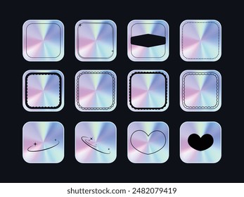 Holographic sticker set. Holography labels mockup and realistic holo textures. Shine badges of square shapes.