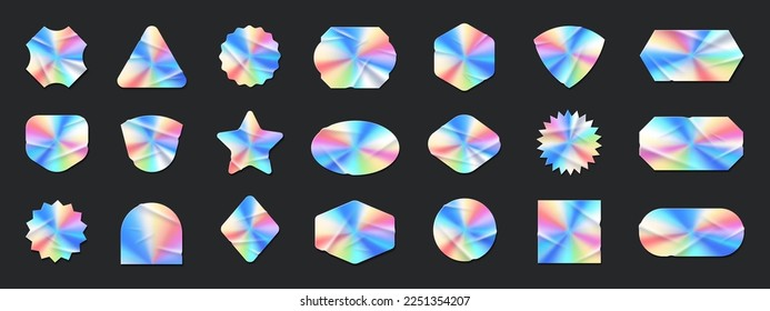 Holographic sticker set. Shine metal badges of various shapes. Vector iridescent foil adhesive film, holography labels mockup and realistic holo textures.