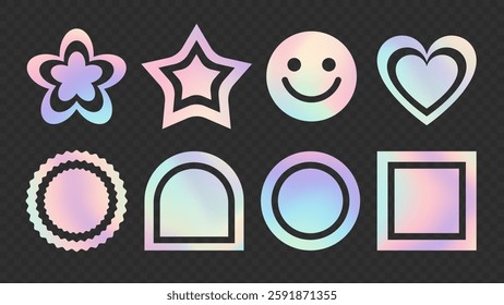 Holographic Sticker Set. Stickers in pastel neon colors in retro y2k style. Vector gradient icons for designs