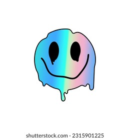 Holographic sticker smile isolated on white background. Holographic gradient rainbow patch - melting head in 90s, 00s, Y2K trendy style.