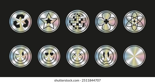 Holographic sticker. Holographic stickers with round shape pattern. Shimmering shiny textured stickers depicting emotions. Isolated vector set