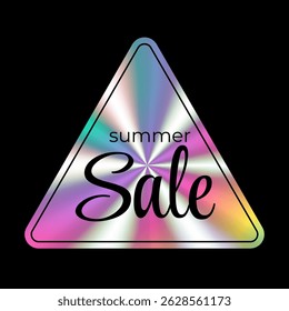 Holographic sticker. Summer sale. Hologram label geometric shape iridescent foil, adhesive film. Colored rainbow shiny emblem, tag. Neon vector illustration
