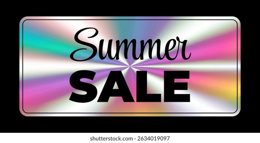 Holographic sticker. Summer sale. Hologram label geometric shape iridescent foil. Colored rainbow shiny emblem, tag. Isolated neon vector illustration
