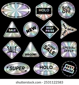 Holographic sticker tags set. Shiny rainbow emblems Sale collection. Holographic sale sticker icons, stamp. Hologram labels of different shapes for design mockups. Vector illustration