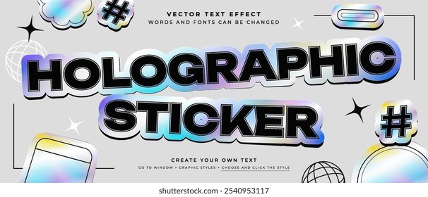 Holographic sticker text effect on abstract background, vector graphic style