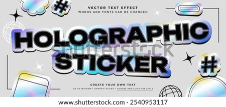 Holographic sticker text effect on abstract background, vector graphic style