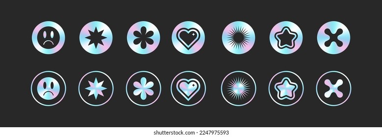 Conjunto de iconos vectoriales de sticker holográfico. Textura de aceite en colores pastel para sus proyectos. Colección de formas de vector