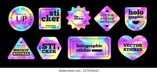 Holographic sticker vector set different shape colorful modern style isolated on black background vector 10 eps
