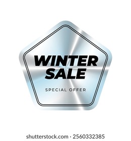 Holographic sticker. Winter sale, special offer. Geometric hologram label, iridescent foil, adhesive film. Colored tag, rainbow shiny emblem. Isolated Neon vector illustration