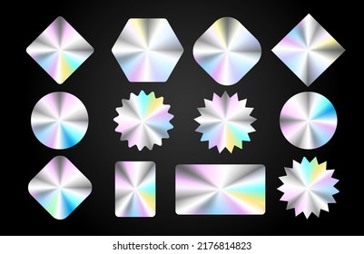 Holographic stickers bundle. Hologram labels of different shapes. Sticker shapes for design mockups. Holographic textured stickers for preview tags, and labels seals. Vector illustration