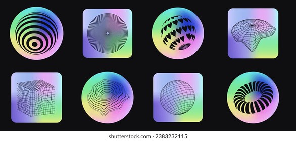 Holographic stickers collection. Hologram labels of different shapes. Sticker wireframe 3d shapes for design mockups. Holographic textured stickers for preview tags, labels. Vector illustration
