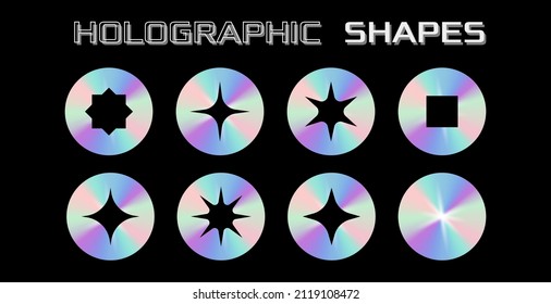 Holographic stickers collection. Set of holographic shapes. Shiny gradient label. Metal foil sticker. Applicable for 90s design or award certificate design. Vector illustration