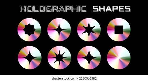 Holographic stickers collection. Set of holographic shapes. Shiny gradient label. Metal foil sticker. Applicable for 90s design or award certificate design. Vector illustration