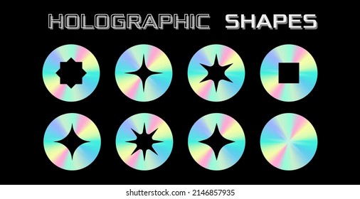 Holographic stickers collection. Set of holographic shapes. Shiny gradient label. Metal foil sticker. Applicable for 90s design or award certificate design. Vector illustration
