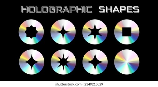 Holographic stickers collection. Set of holographic shapes. Shiny gradient label. Metal foil sticker. Applicable for 90s design or award certificate design. Vector illustration