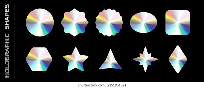 Holographic stickers collection. Set of holographic shapes. Shiny gradient label. Metal foil sticker. Applicable for 90s design or award certificate design. Vector illustration