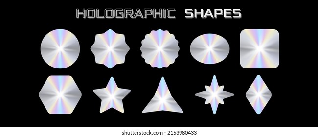 Holographic stickers collection. Set of holographic shapes. Shiny gradient label. Metal foil sticker. Applicable for 90s design or award certificate design. Vector illustration