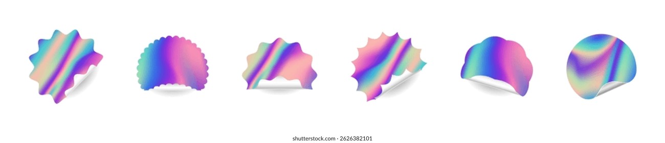 Holographic stickers with curls vector shiny set. Holographic stickers featuring curled edges