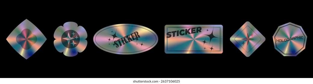 Holographic stickers of different shapes set, Holograms geometric shapes stickers labels for design, Vector illustration.