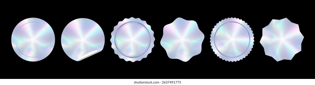 Holographic stickers of different shapes set, Holograms geometric shapes stickers labels for design, Vector illustration.