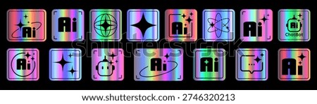 Holographic stickers display various AI icons featuring chatbots, robots, and brain symbols. The colorful design stands out on a black background, showcasing modern digital art.