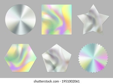 Holographic stickers, hologram labels of different shapes. Round, square, star, notched circle, pentahedron and hexahedron rainbow foil or silver blank shiny emblems, Realistic 3d vector patches set