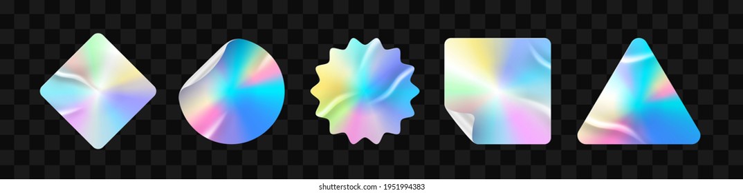 Holographic stickers. Hologram labels of different shapes. Sticker shapes for design mockups. Holographic textured stickers for preview tags, labels. Vector illustration