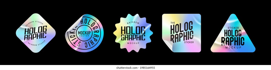 Etiquetas holográficas. Etiquetas holográficas de diferentes formas. Formas adhesivas para maquetas de diseño. Etiquetas Holográficas texturadas para etiquetas de vista previa, etiquetas. Ilustración del vector