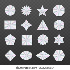 Holographic stickers, hologram labels of different shapes. Symbol of certification product. Colored blank rainbow shiny emblems.  Round, square, oval, rhombus and wavy iridescent foils.