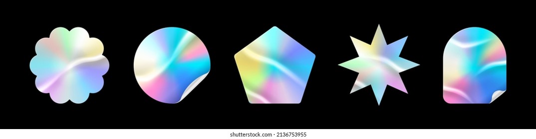 Holographic stickers. Hologram labels of different shapes. Sticker shapes for design mockups. Holographic textured stickers for preview tags, labels. Vector illustration