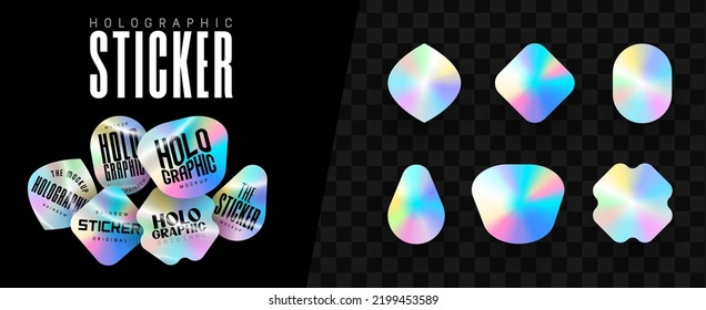 Holographic stickers. Hologram labels of different shapes. Colored blank rainbow shiny emblems, label. Paper Stickers. Vector illustration