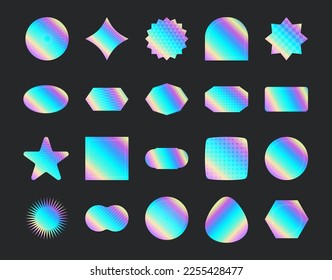 Holographic stickers. Hologram labels of different shapes. Round, square, oval, rhombus and wavy iridescent foil or silver colored blank rainbow shiny emblems, Realistic 3d. Vector illustration