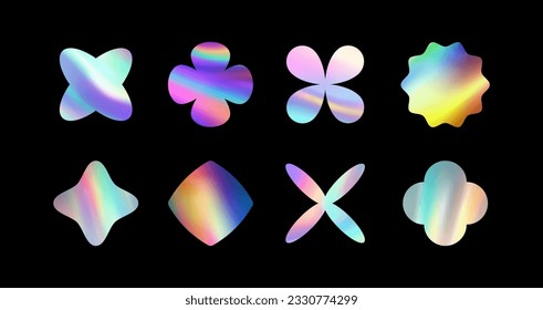 Holographic stickers. Hologram labels of different shapes. Sticker shapes for design mockups. Holographic textured stickers for preview tags, labels. Vector illustration