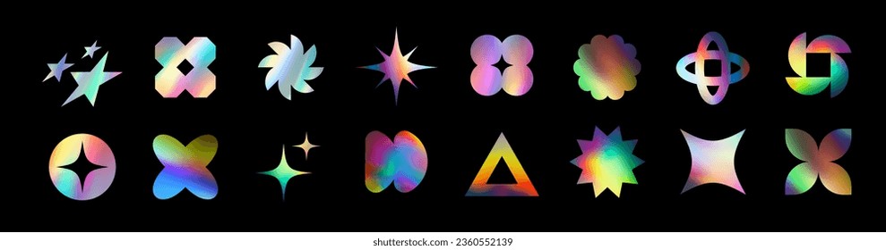 Holographic stickers. Hologram labels of different shapes. Sticker shapes for design mockups. Holographic textured stickers for preview tags, labels. Vector illustration