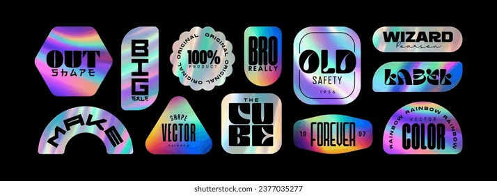 Holographic stickers. Hologram labels of different shapes. Sticker shapes for design mockups. Holographic textured stickers for preview tags, labels. Vector illustration