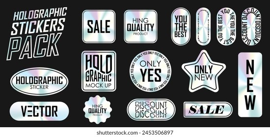 Holographic stickers. Hologram labels of different shapes. Sticker shapes for design mockups. Holographic textured stickers for preview tags, labels. Vector illustration