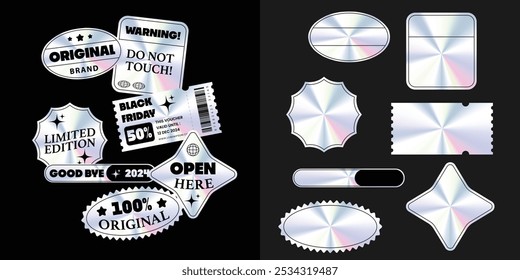 Holographic stickers. Hologram labels of different shapes. Sticker shapes for design mockups. Holographic textured stickers for preview tags, labels. Vector illustration. NOT GENERATED AI!