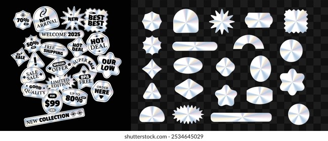 Holographic stickers. Hologram labels of different shapes. Sticker shapes for design mockups. Holographic textured stickers for preview tags, labels. For Marketplace Shop Sticker. NOT AI GENERATED!