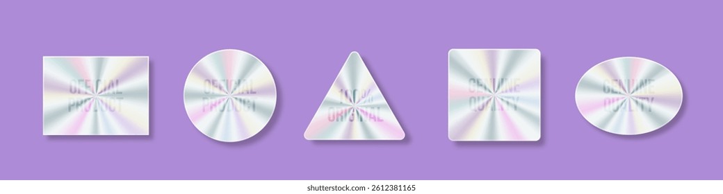 Holographic stickers, hologram labels of different shapes. Symbol of certification product. Colored blank rainbow shiny emblems.  Round, square, oval, rhombus and wavy iridescent foils.